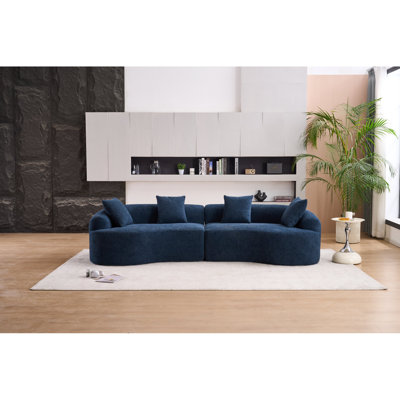 Blue Chenille Sofa With Curved Design