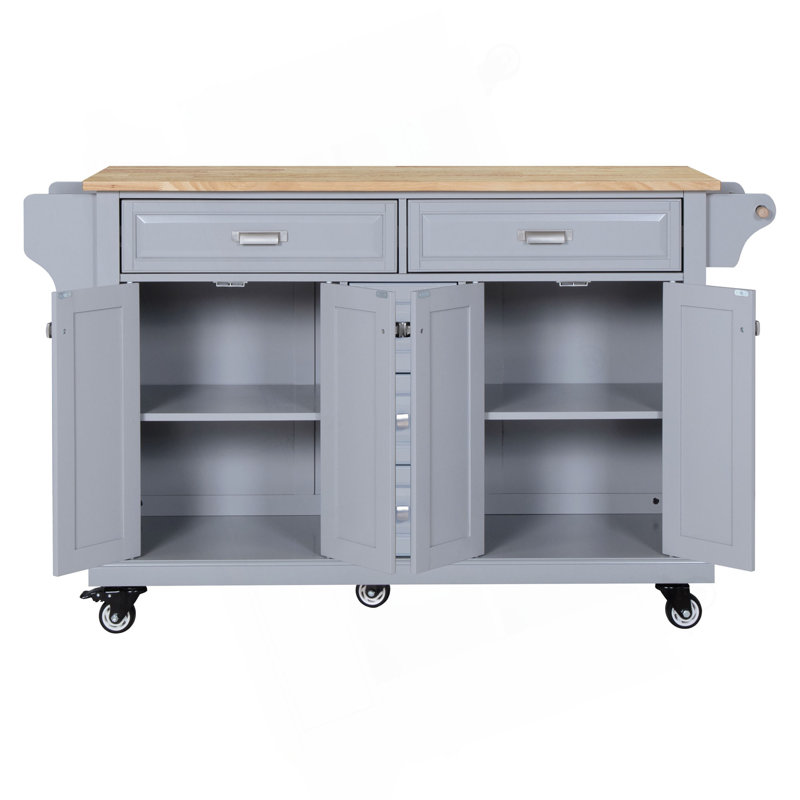 Îlot de cuisine avec comptoir en bois d'hévéa, chariot de cuisine sur 5 roulettes avec armoire de rangement et 5 tiroirs pour la salle à manger