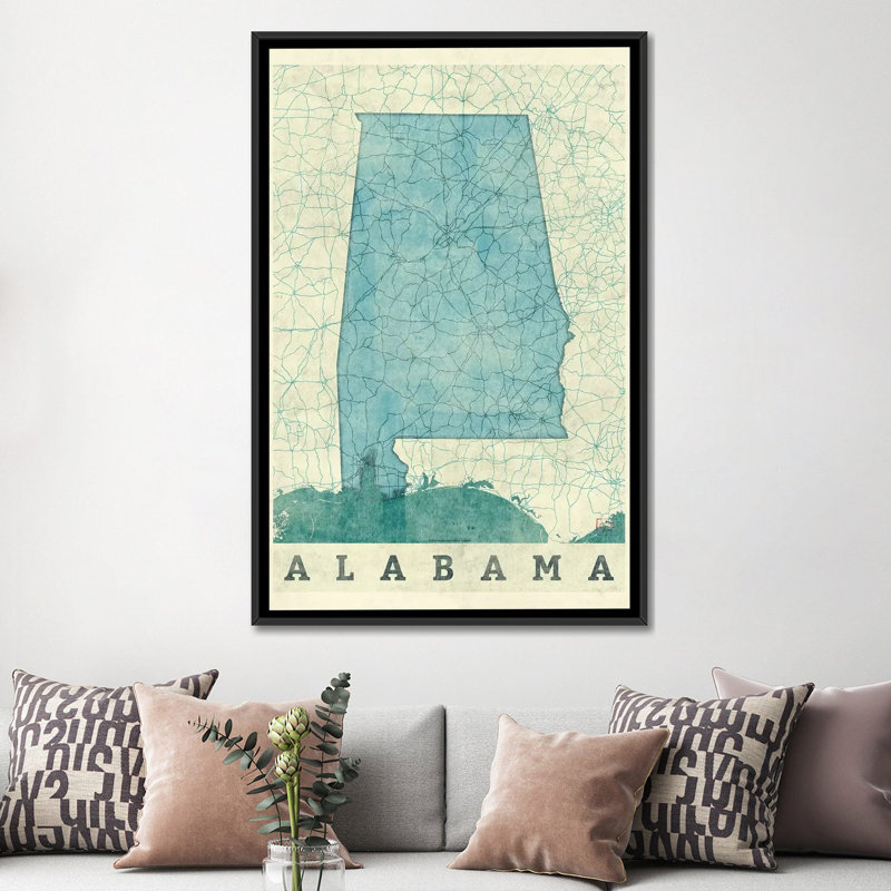 «Alabama Map», impression sur toile, H 26 po x l 18 po x P 1,5 po, Toile avec cadre noir, Pas de tapis
