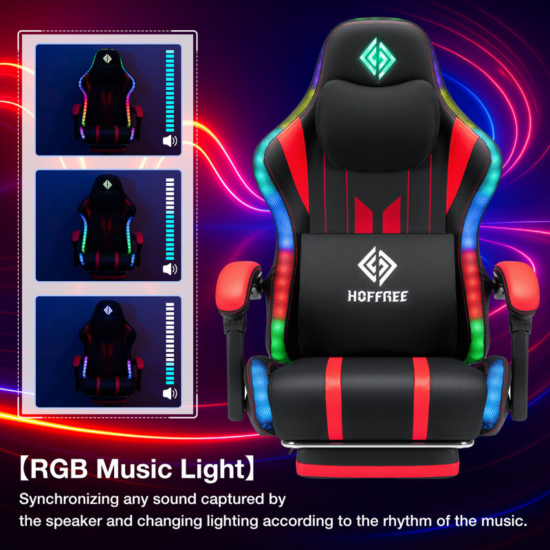 Ergonomic Massage Gaming Chair With Rhythmic RGB LED Lights And Bluetooth Speakers, Red