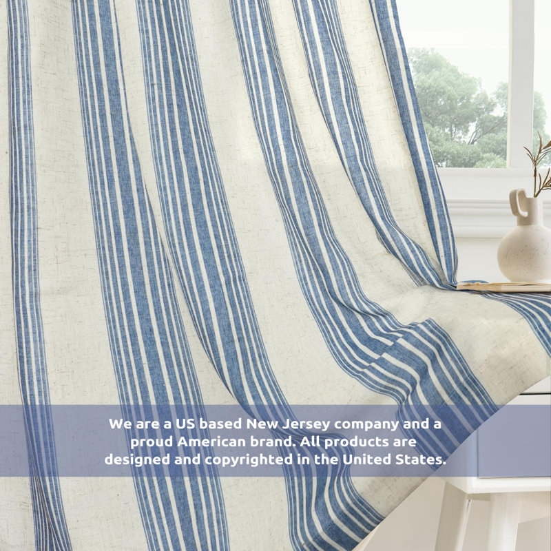 Chris Striped Linen Blend Textured Light Filtering Semi Sheer Rod Pocket Back Tab Curtains, 52" W x 63" L, Jean Navy