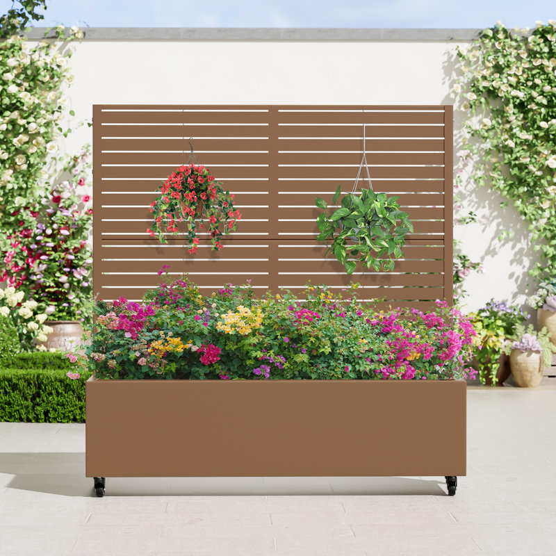 Lit de jardin en métal avec treillis et roues, H 47 po x l 47 po x P 16 po, Brun