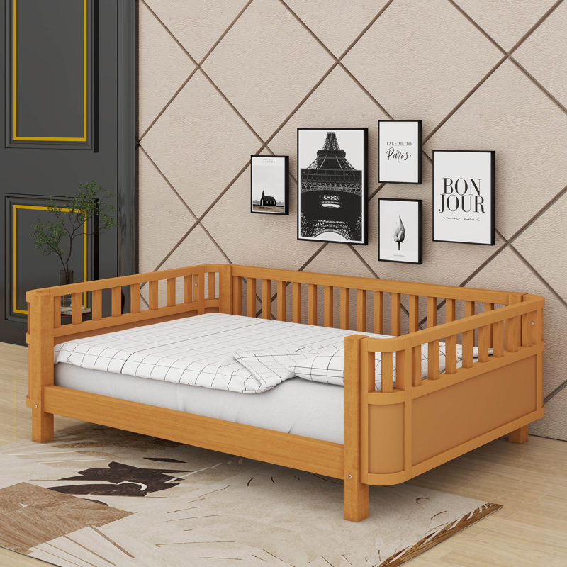 Lit plateforme en bois avec rails, Naturel, Lit double