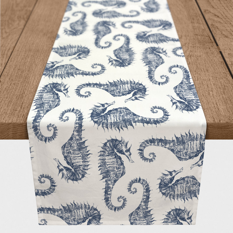 Watercolor Seahorse Coral Table Runner, 72" x 16", Navy, 1