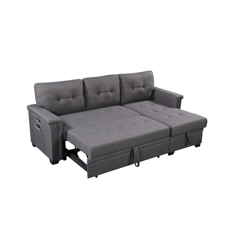 Ashlyn 84" Dark Gray Reversible Sleeper Sectional Sofa With Storage Chaise, USB Charging Ports And Pocket, Dark Gray Linen