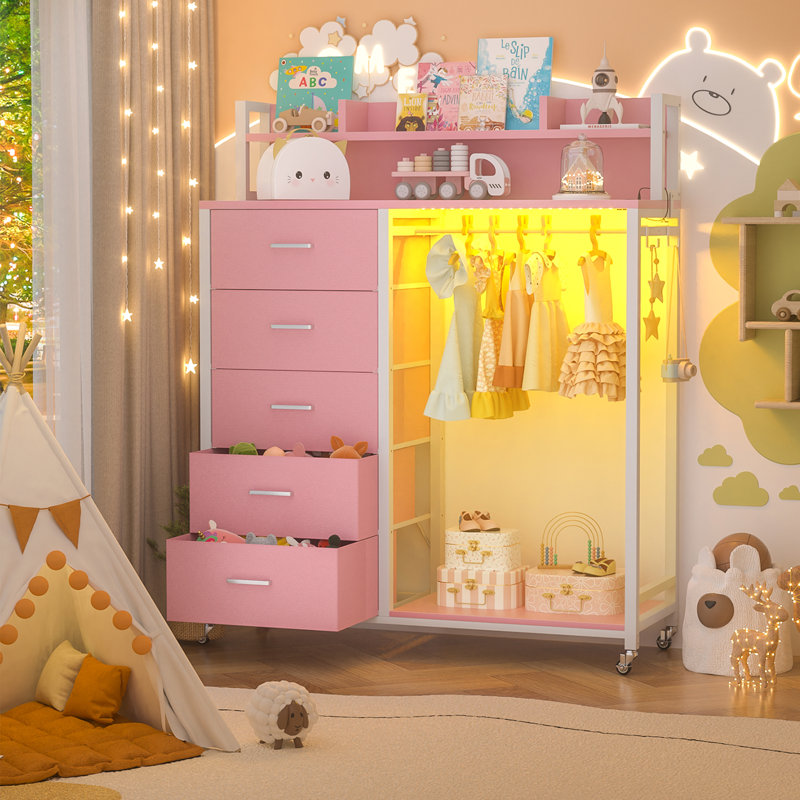 Jeremyiah 5 Drawers Dresser With Charging Station & LED Lights,Storage Shelves, Pink/White