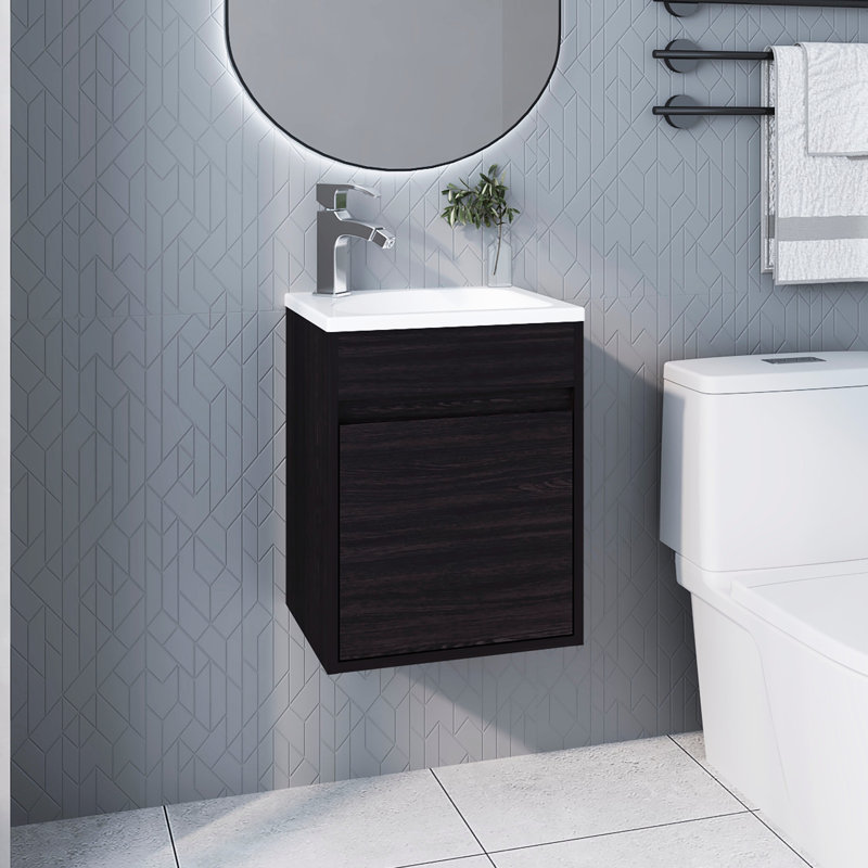 Meuble-lavabo flottant mural contemporain au fini avec porte simple et lavabo encastré, profil rectangulaire peu encombrant, panneau de particules fini avec porte d'évier, pour plus d'efficacité,