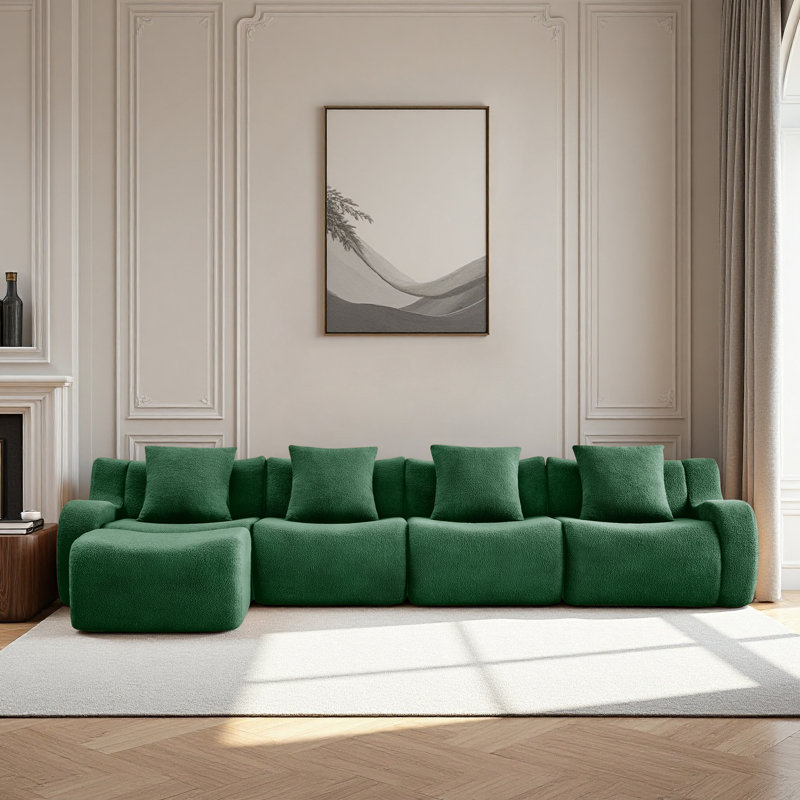 L-Shaped Teddy Fabric 4-Seat Boneless Sofa,No Assembly Required Curved Armrest,Streamlined Design Ergonomic Design,32D High Density Sponge For Living Rooms Rest Areas Bedroom