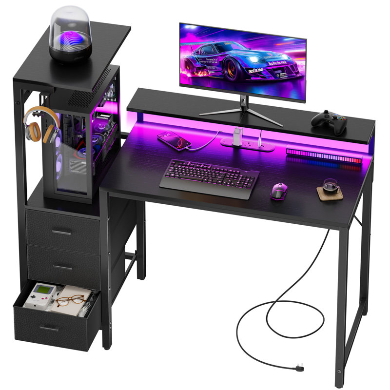 Metal Base Computer Desk with Power Outlet, Black, 116cm. H x 112cm. W x 50cm. D