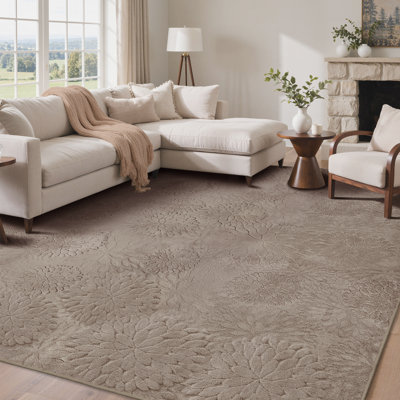 Tapis d'intérieur brun clair à poils longs pelucheux et moelleux de couleur unie à motif floral antidérapant