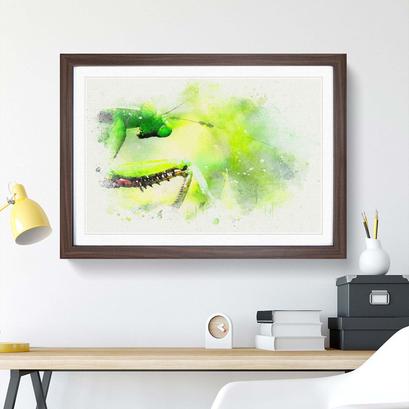 Peering Praying Mantis in Abstract - Picture Frame Graphic Art Print, Walnut Framed, 36cm H x 48cm W x 2cm D