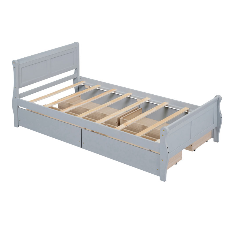 Lit plateforme avec rangement en bois massif Sebbie, Simple, Gris
