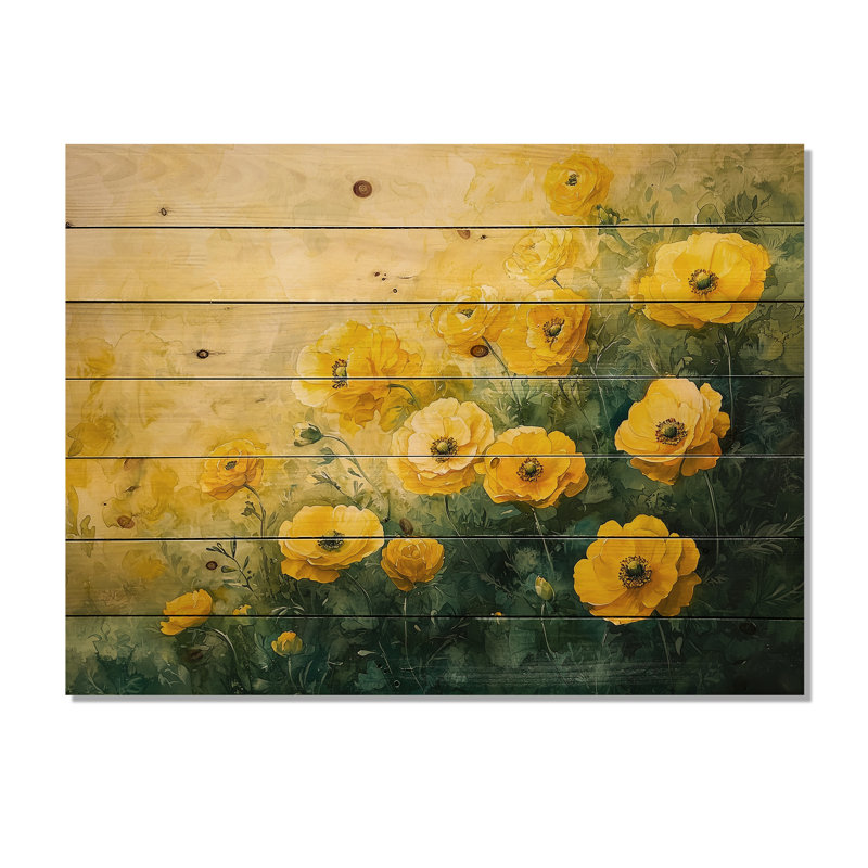 Été fleurs de renoncule à la campagne II - art mural en bois de renoncule - sur bois de pin naturel