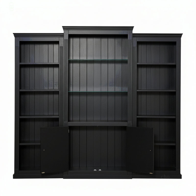Grande bibliothèque 3 pièces, vitrine avec plafonnier à DEL réglable 5 couleurs, bibliothèque de style rétro avec tablettes en verre trempé pour le salon, le bureau, le studio ou l'espace de travail