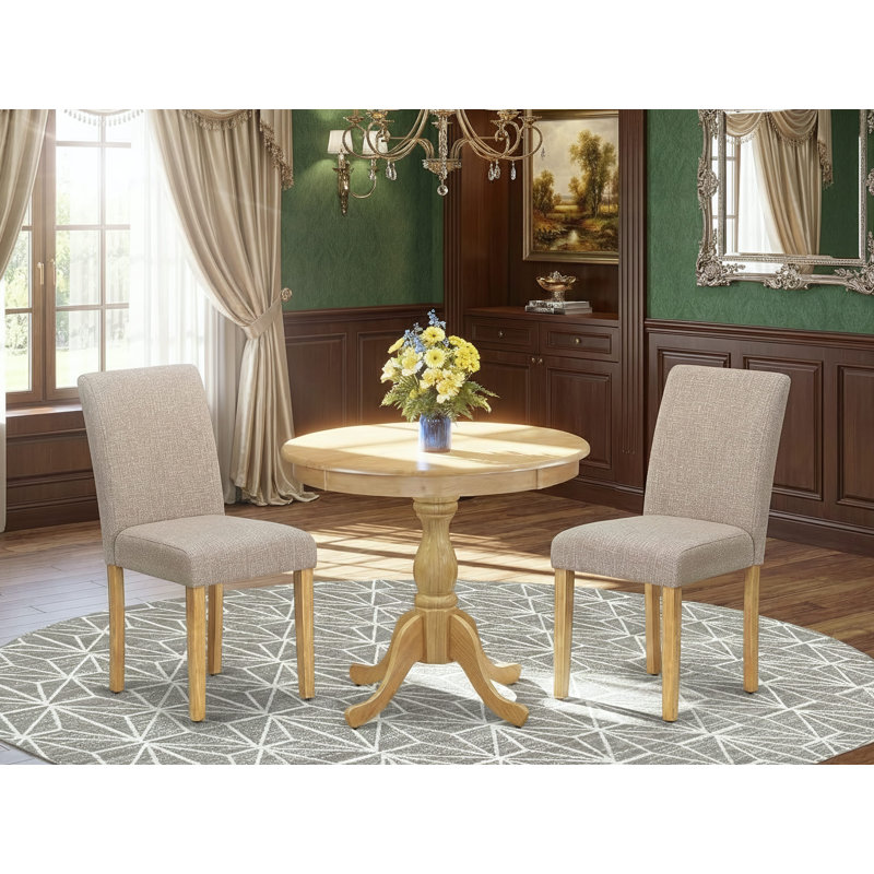 3 Piece Dining Set Contains a Round Kitchen Table with Pedestal and 2 Light Tan Linen Fabric Parson Dining Room Chairs, Oak