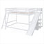 Lit plateforme superposé double au-dessus de double, construction en pin massif, blanc pur, avec échelle intégrée, glissière et tablettes de rangement