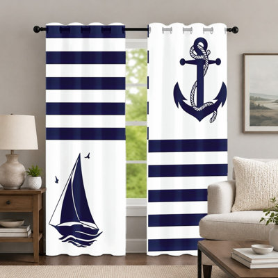2Pcs Navy Blue and White Striped Curtains, Nautical Style Curtain, Coastal Theme Sailboat and Anchor Printed Art Grommet Drapes, Window Treatment for Bedroom Living Room Decor