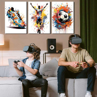 3 pièces de soccer sur toile Graffiti, art mural espadrilles colorées, affiches, impressions murales, images, thème sportif, peintures, football, chambre à coucher, chambre des garçons, adolescent, enfants, salle de jeux, décoration de la maison