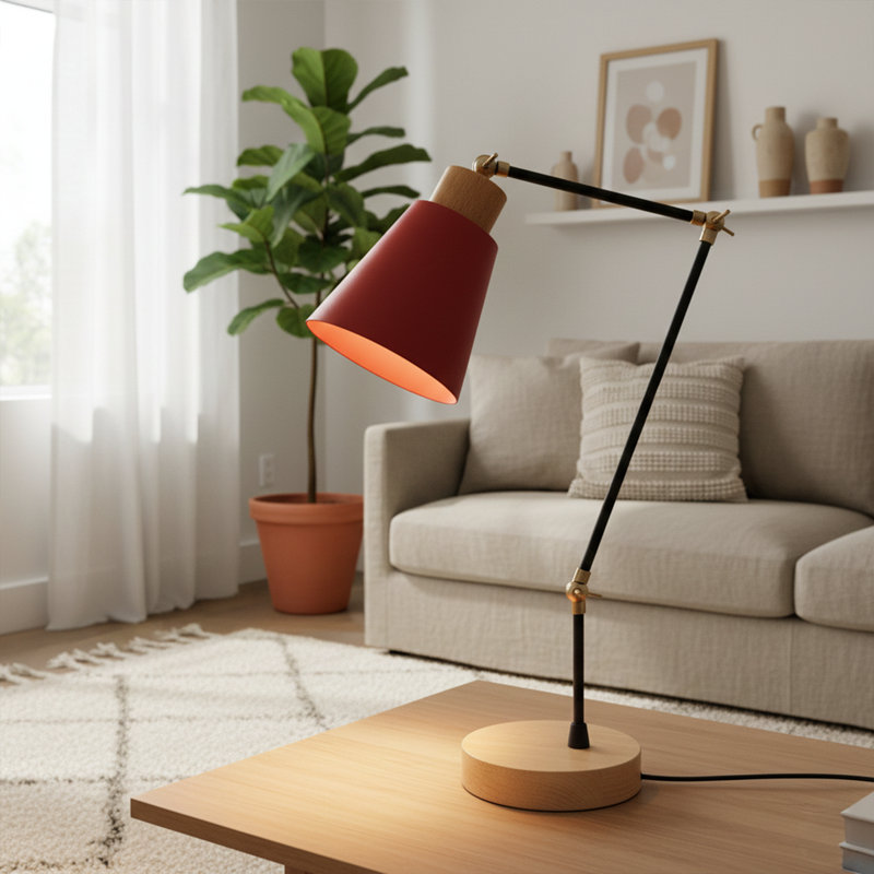 Lampe de bureau réglable en métal 21 po avec base en bois naturel Aurelius, Rouge