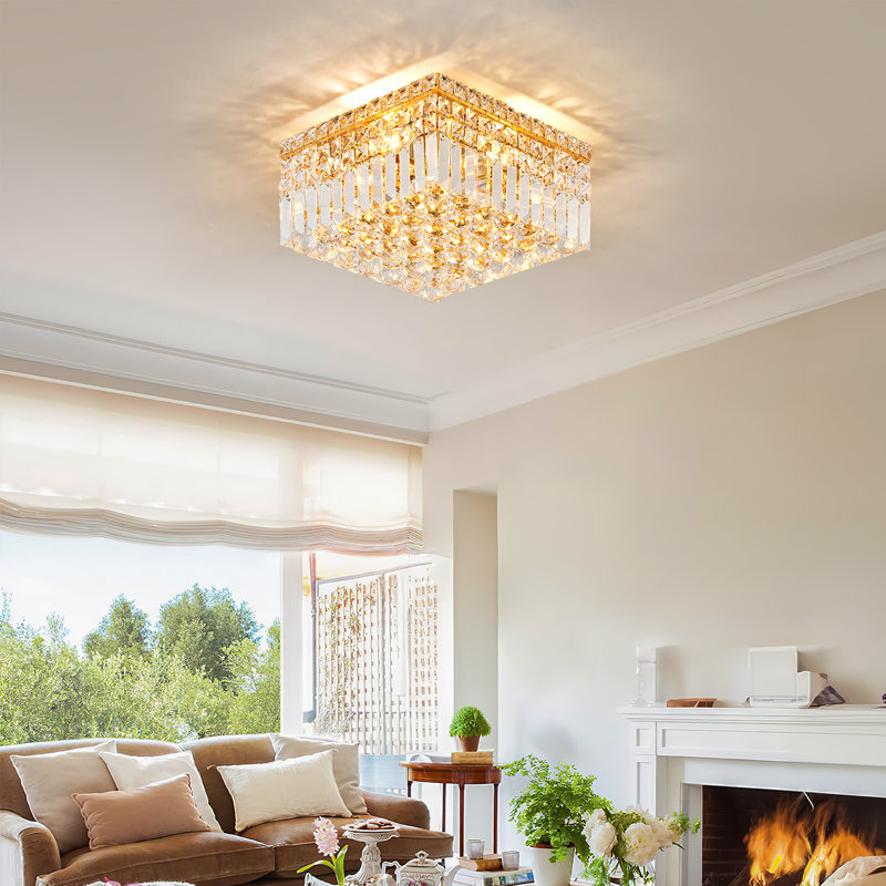  Gold Square Crystal Chandeliers Flush Mount Chandelier Light Fixture With K9 Crystals 4-Light Modern Ceiling Lights Elegant Lamp For Bedroom,Hallway,Bar,Living Room,Dining Room, H5.9Inch X L/W13.7Inch (Bulbs Not Included)