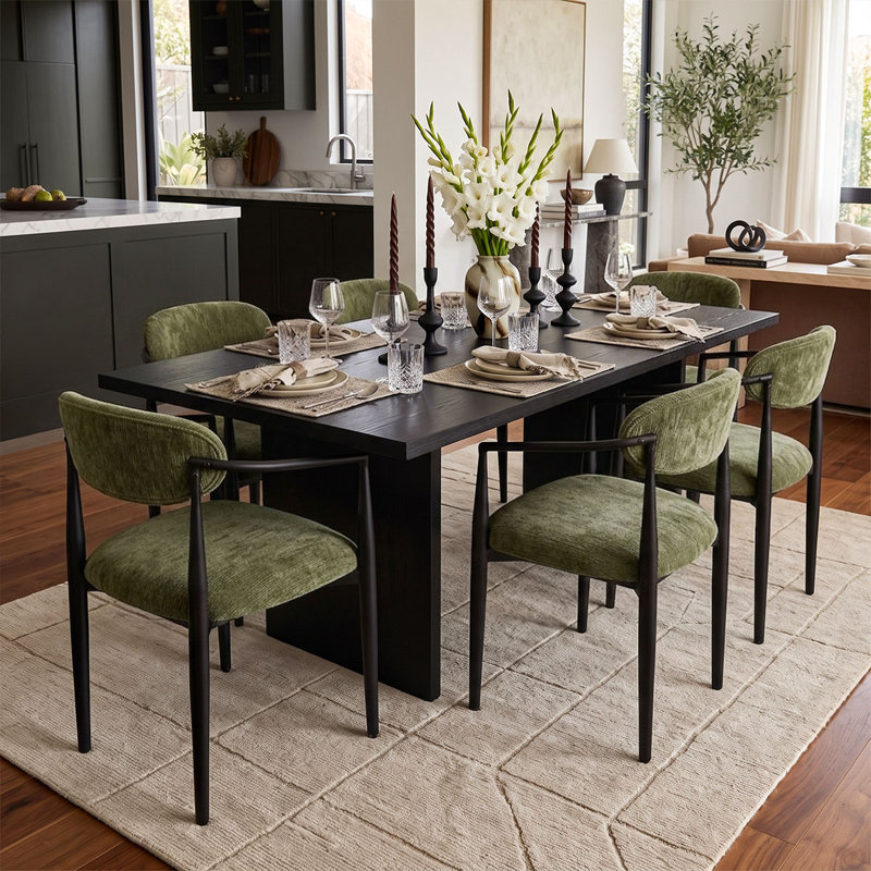 Ensemble de 6 chaises en chenille rembourrées avec dossier incurvé et structure en métal, Vert