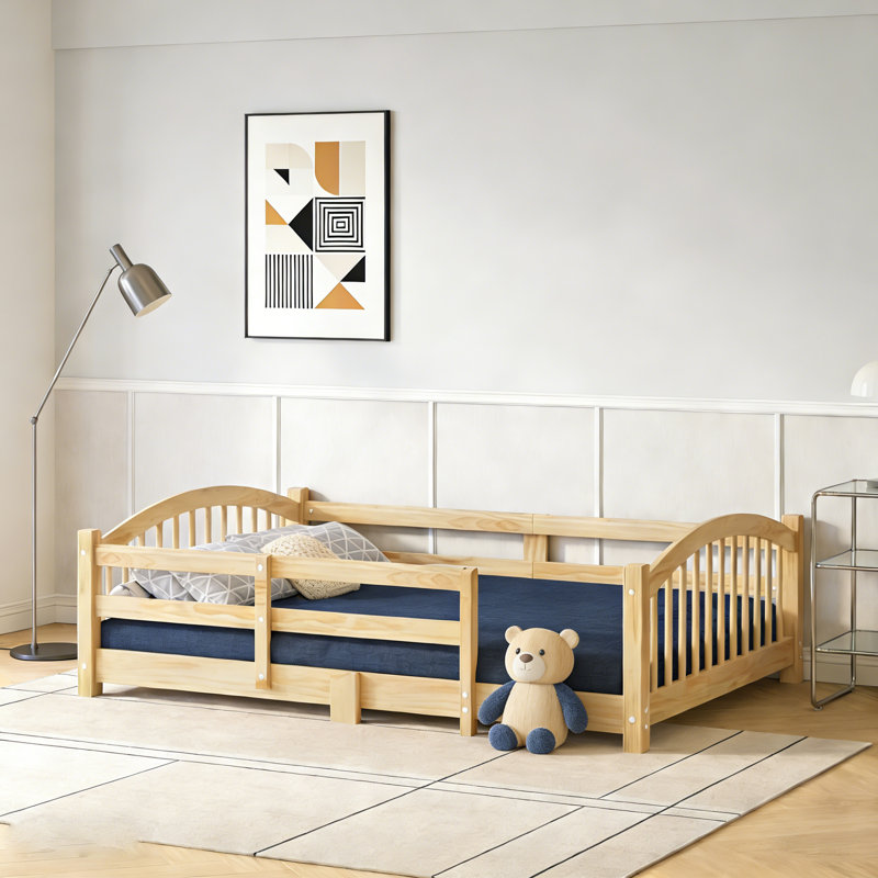 Montessori Low Profile Bed With Safety Rails And Headboard, Twin, White