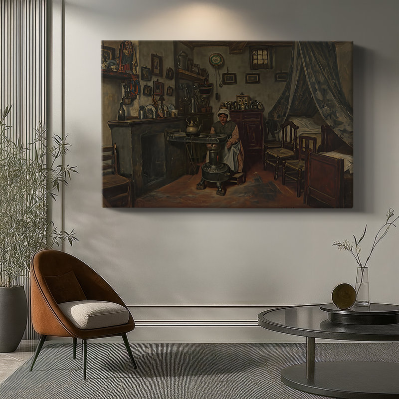 Femme par un poêle dans un intérieur-Henri De Braekeleer-Toile tendue avec châssis-c. Fin du 19e siècle, 24 x 36