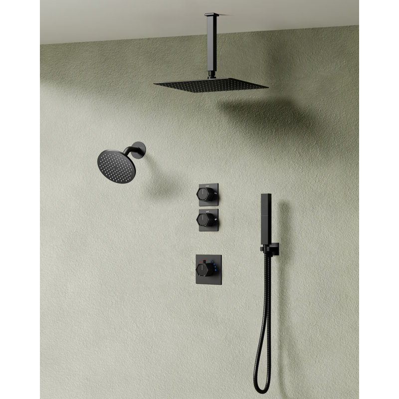  Thermostatic Dual Showerheads System, Ceiling Mount 12" High-Pressure Rainfall Shower Faucet with Handheld Spray