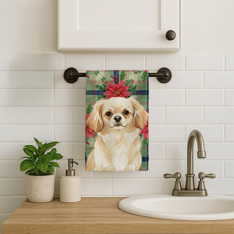 Cream Tibetan Spaniel Christmas PoinsettIas Kitchen Towel, Cream Tibetan Spaniel