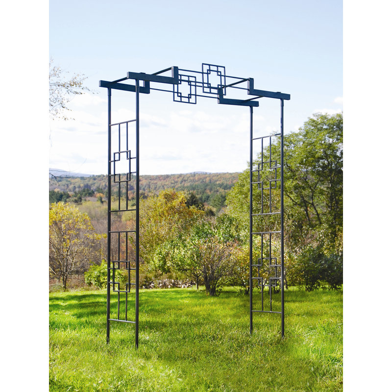 Graphite Wrought Iron Modern Arch Arbor with Spiked Stakes
