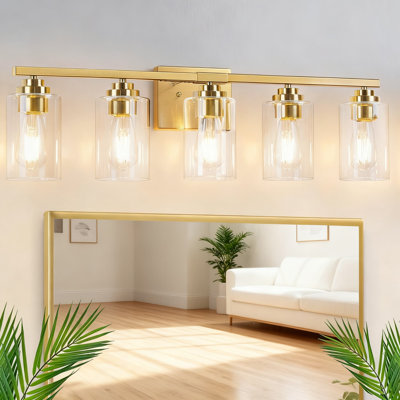 Luminaire de meuble-lavabo moderne à 5 lumières avec abat-jour en verre transparent, applique murale pour salle de bain à finition dorée brossée pour éclairage en miroir, fixation câblée pour une utilisation intérieure et extérieure