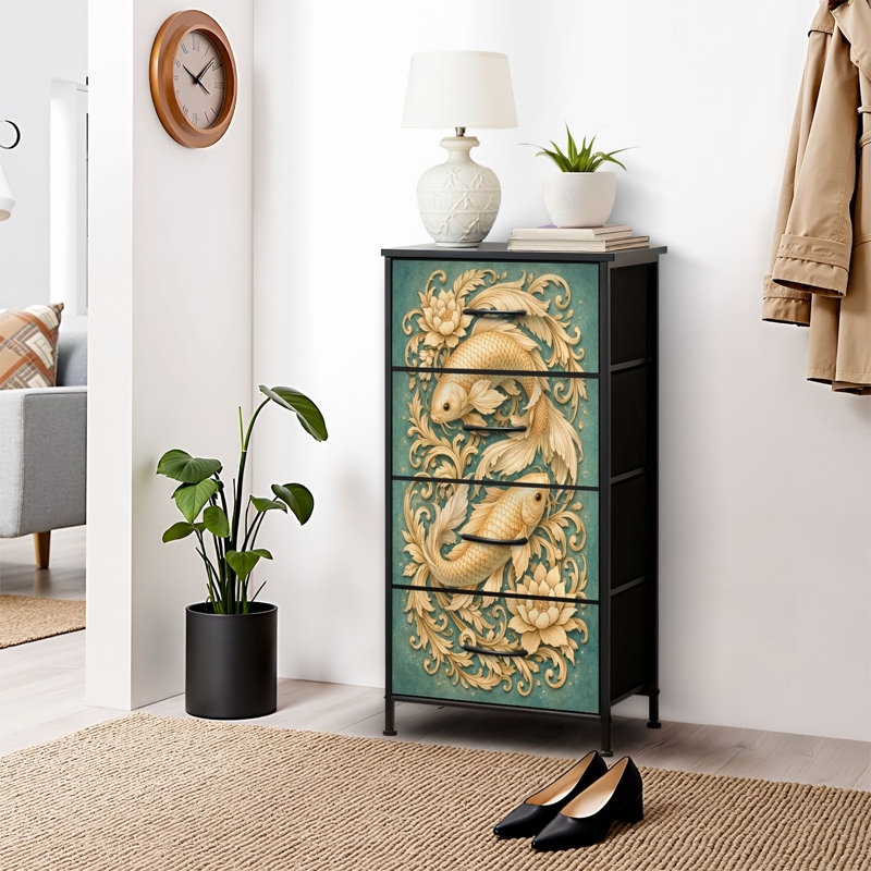 Commode 4 tiroirs pour chambre à coucher, commode étroite, plateau en bois et structure en fer de travail 18 po x 37,5 po (lxH) - avec élégantes fleurs de lotus Koi