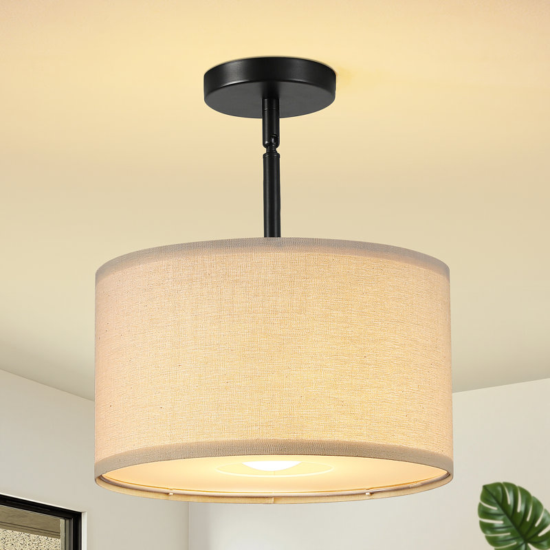1-Light Modern Linen Drum Semi Flush Mount Ceiling Light with Black Metal Base for Bedroom Hallway Entryway