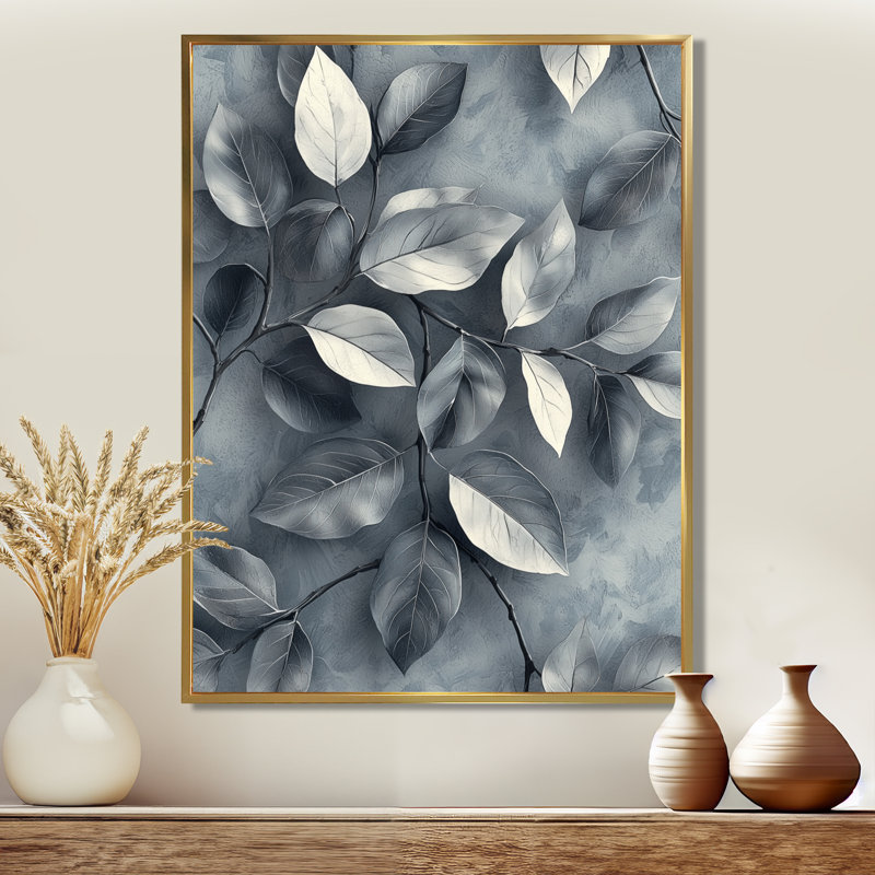 Cuivre, argent, étain, feuilles I - feuilles, art mural, H 40 po x l 30 po, Reproduction avec cadre flottant, Doré