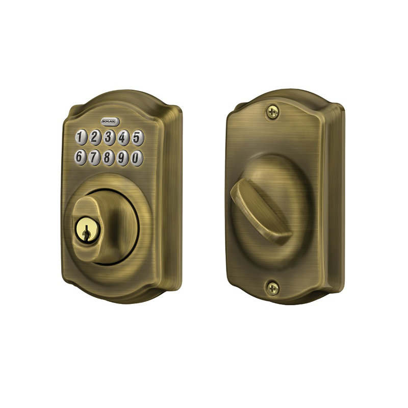 Schlage Keypad Deadbolt with Camelot Trim, Antique Brass, Yes