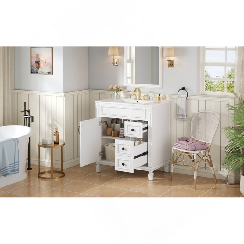 Meuble-lavabo de 30 po avec lavabo en céramique, petite armoire de salle de bain, armoire moderne avec 2 tiroirs et tablette réglable