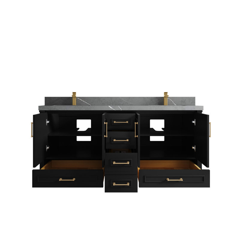 Aberdeen 72'' Double Bathroom Vanity with Top, Piatra Gray, Black