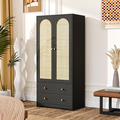 Armoire penderie avec portes, armoire penderie en rotin avec tiroirs et tringle, armoire avec tablettes, garde-robe en bois pour suspendre les vêtements, noir, H 68,9 po