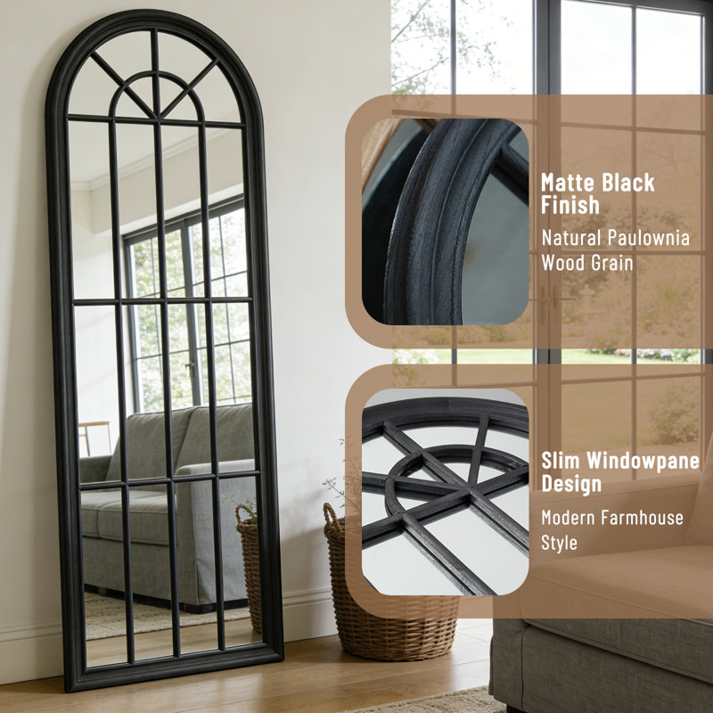 Large Arched Windowpane Full-Length Wall Mirror With Solid Wood Frame, 70" x 24", Black