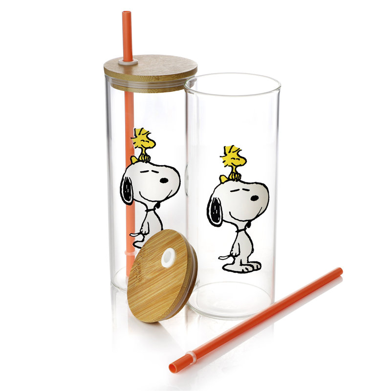Peanuts Snoopy and Woodstock 6 Piece 23 Ounce Glass Tumbler with Straw and Bamboo Lid in Orange