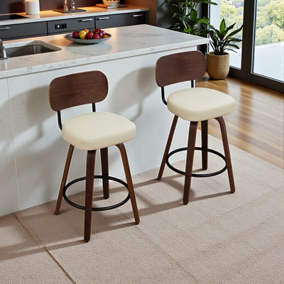 Logreira 26" Swivel Upholstered Pu Leather Counter Height Barstools With Walnut Back & Bentwood Legs
