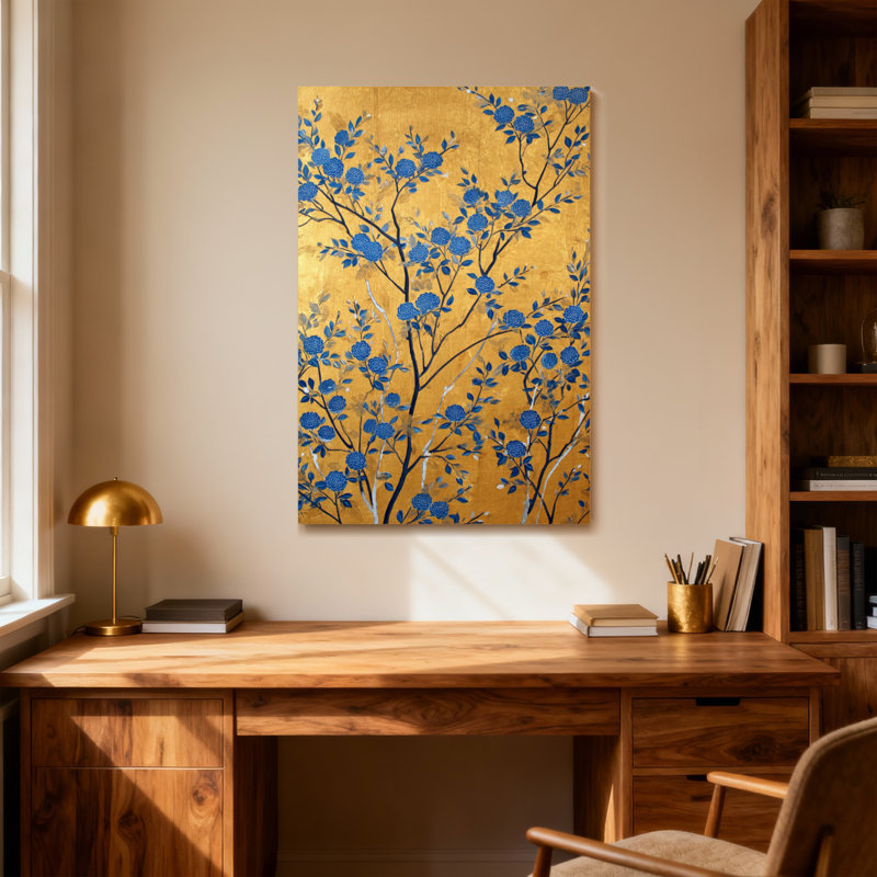 Plantes et fleurs fleurs bleues sur fond doré, H 12 po x l 18 po