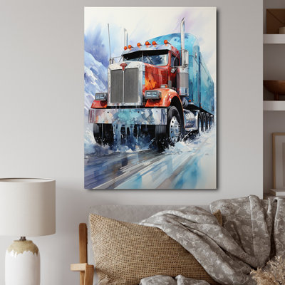 «Red Semi Truck In Winter II», reproduction sur toile encadrée
