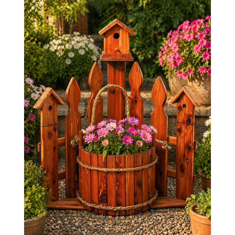 Grand pot de fleurs de coin en cèdre fabriqué à la main avec nichoir Amish - Jardinière rustique en cèdre rouge avec clôture
