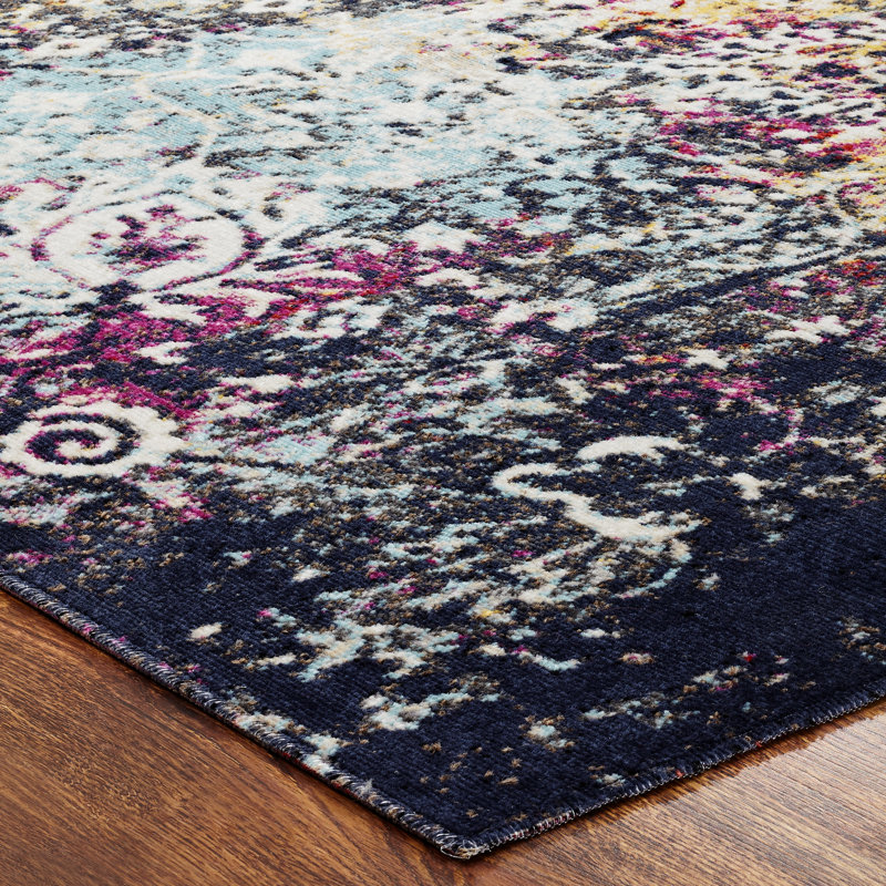Tapis intérieur / extérieur ivoire / bleu / or, Rectangle 7 pi 9 po x 9 pi 9 po