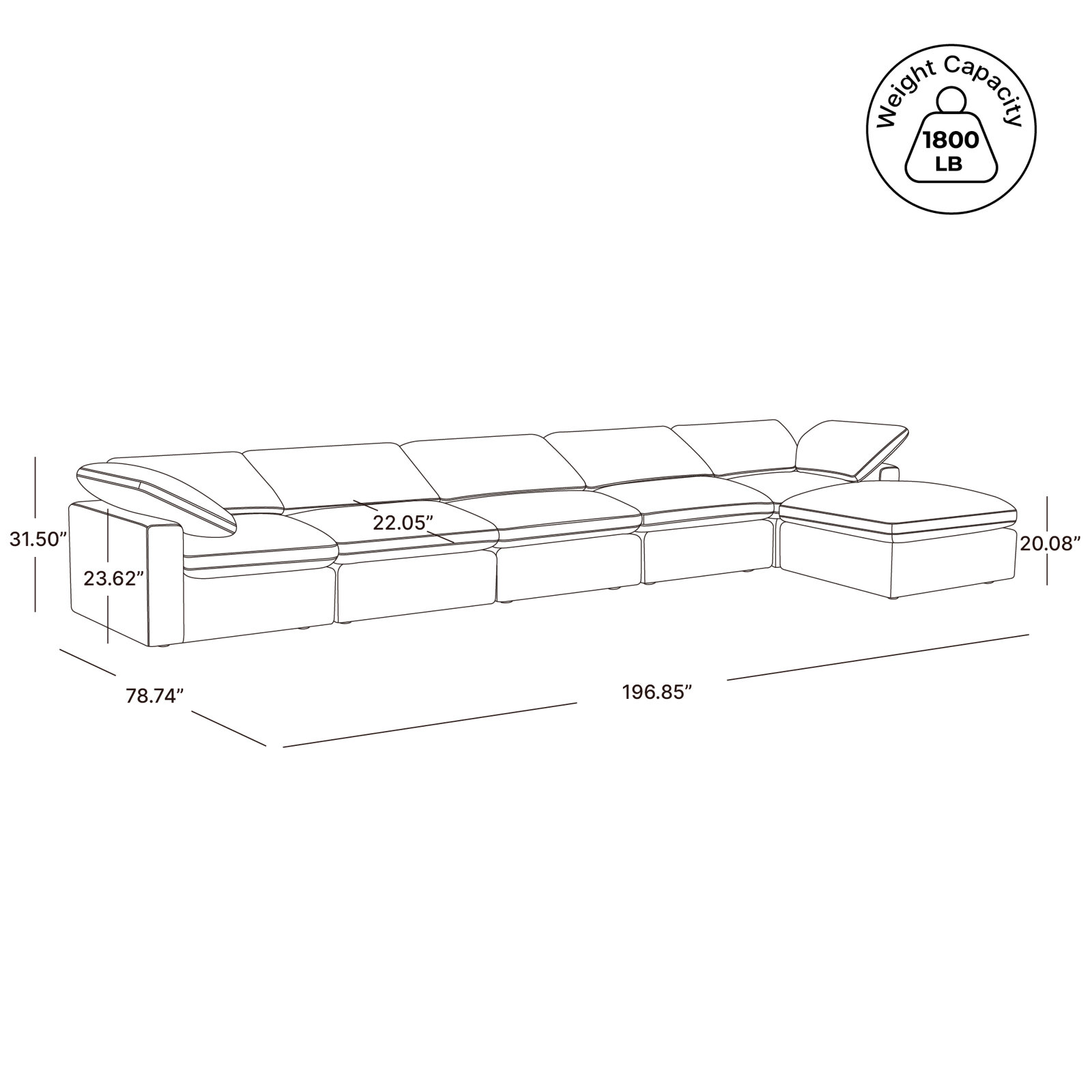 Asher Linen Modular Sectional, Capri Truffle Chenille, 31.5'' H x 196.85'' W x 78.74'' D