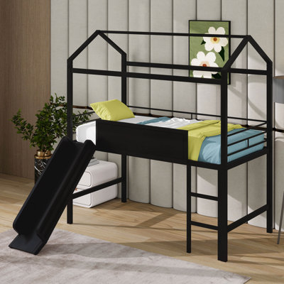 Lit mezzanine simple en métal avec garde-corps et tableau d'écriture sur deux côtés, lit de maison avec glissade, toit pour enfants, adolescents