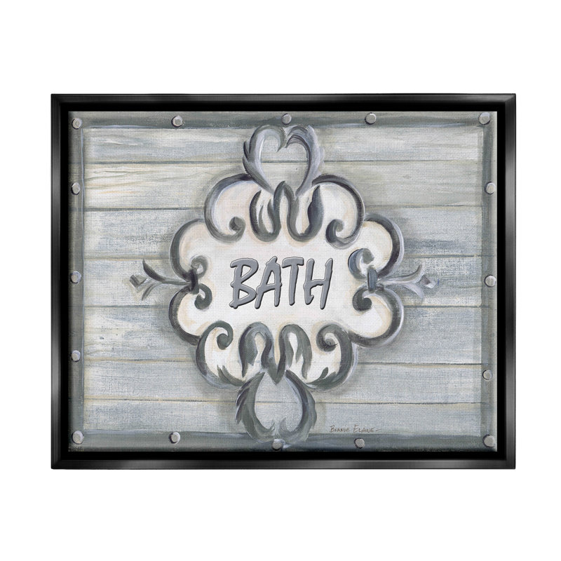 «Bath Bath Bead Board with Scroll Plaque», art mural sur toile par Bonnie Wrublesky, Cadre flottant noir de jais