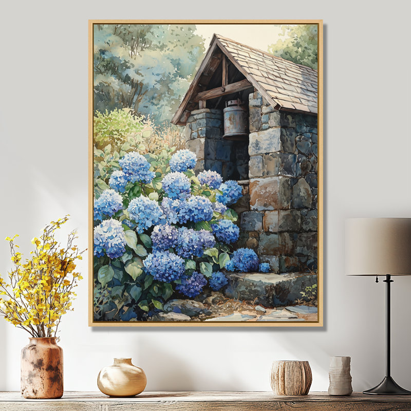 «Hydrangeas By The Farm Well II - Hydrangea», art mural, H 44 po x l 34 po, Reproduction avec cadre flottant, Crème, crème