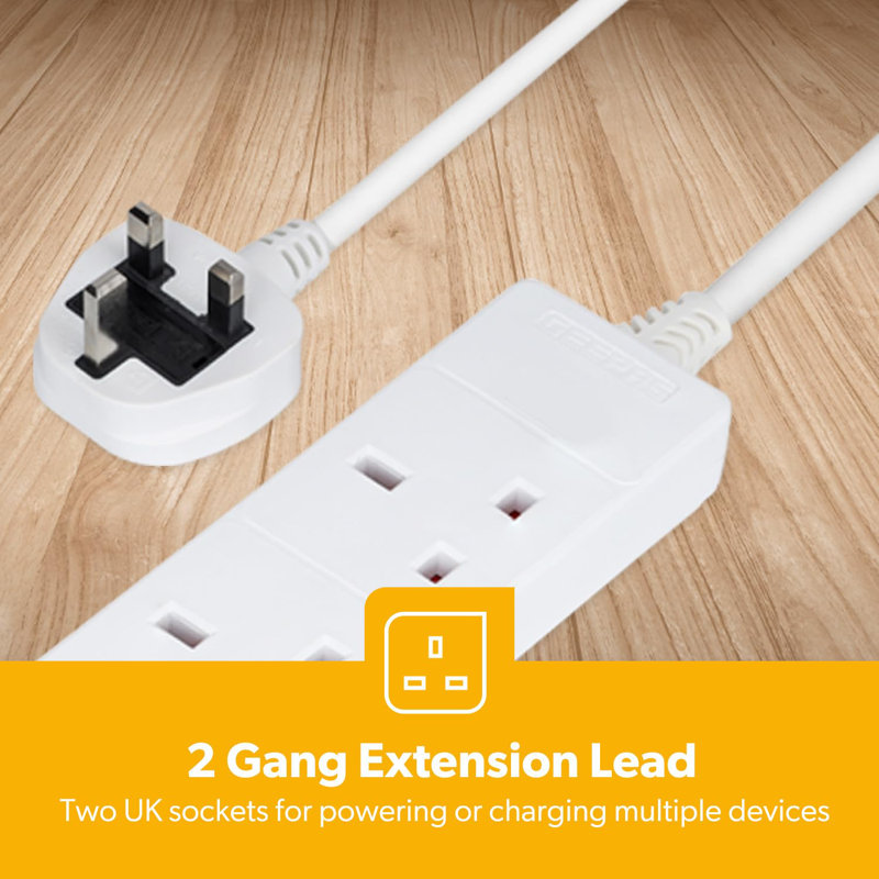 GEEPAS 2 Gang Extension Lead, 2M Cable | 2-Way Plug Extension Cable, 13 A | Wall Mountable & Multi Socket Mains Strip for Home Bedroom Office | Heavy Duty UK Plug | White